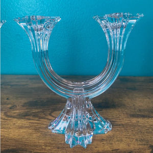 Pair of Clear Glass Art Deco Style Candelabra Candlestick Holders